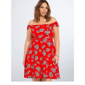 Torrid Red & White Rose Print Off the Shoulder Fit & Flare Mini Dress Size 1X